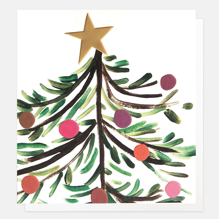 Christmas card featuring a Christmas tree with colourful ornaments and a gold star on a white background