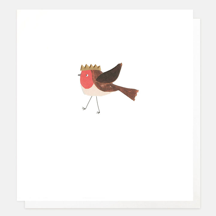 Christmas card featuring a robin with a crown on a white background