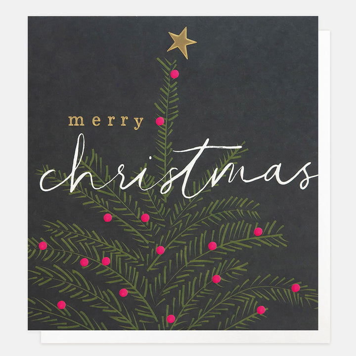 Christmas card with a tree design, 'merry christmas' text, and star on a dark background