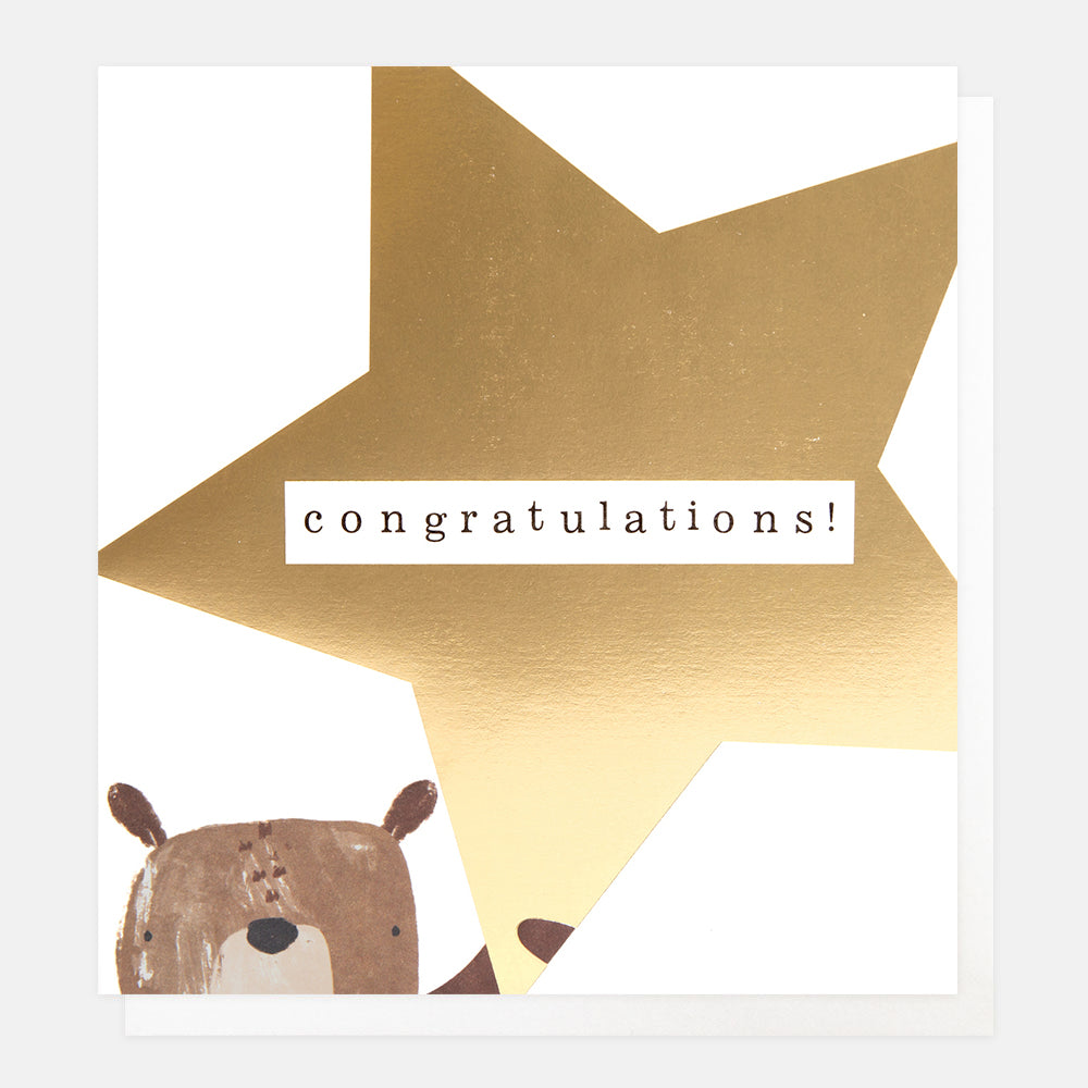 bear holding a gold star congratulations card