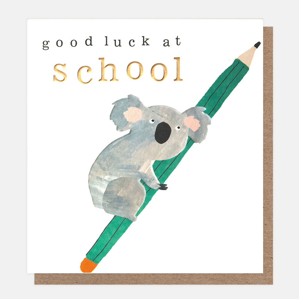 good luck at school card featuring a grey koala clinging to a green pencil