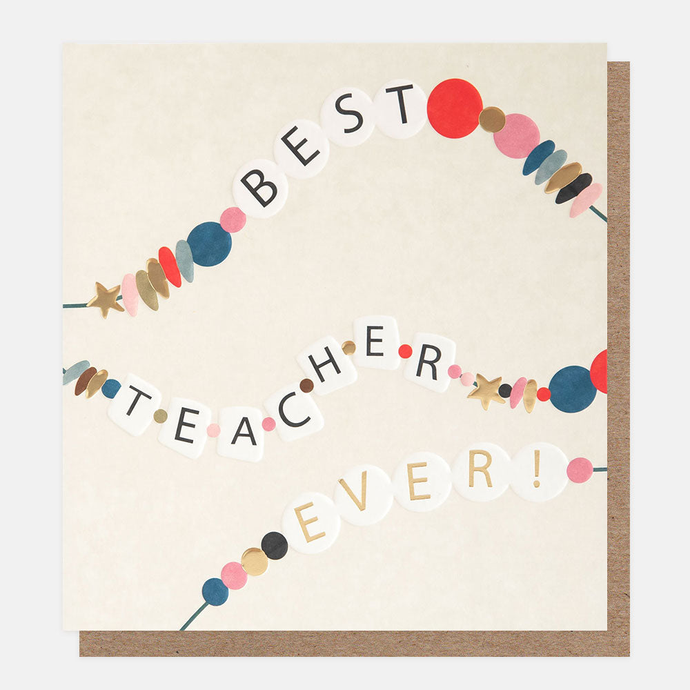 thank you card featuring a friendship bracelet with the words best teacher ever