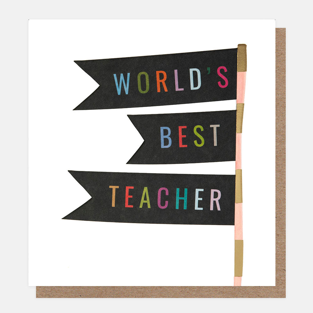 thank you card for teacher featuring a design of 3 signposts with the words world's best teacher