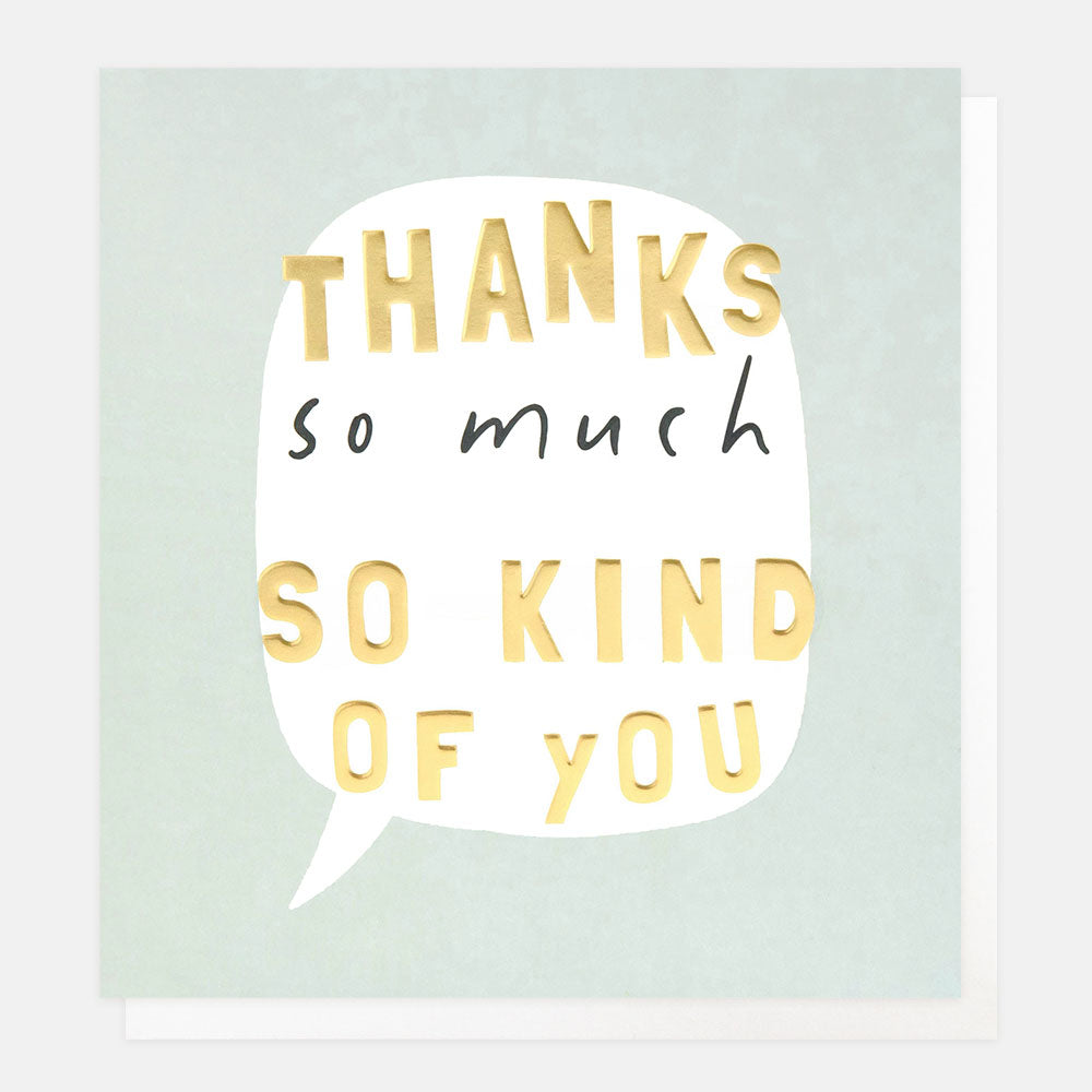 Thank you card with 'Thanks so much so kind of you' text on a light green background