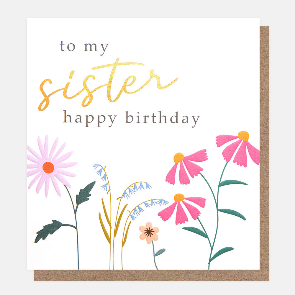 colourful meadow flowers birthday card to sister