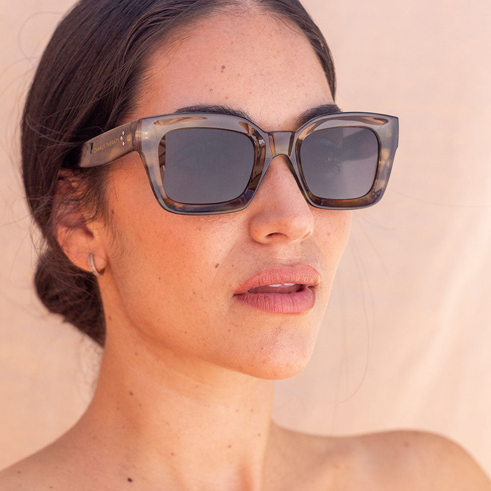 green havana wide rectangular vintage look sunglasses with grey uv protective lenses