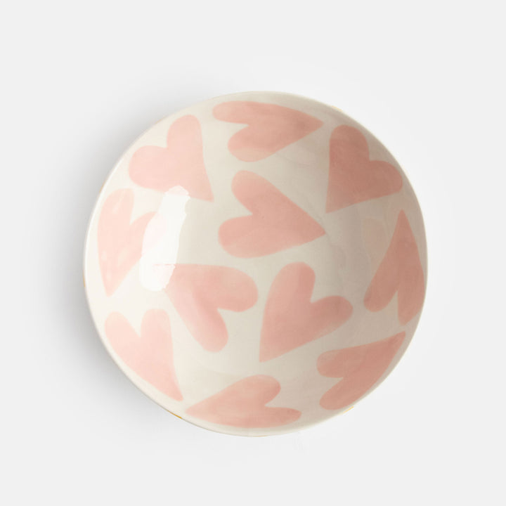 hand painted ceramic stoneware bowl with mustard stripes outer and pink hearts design inside