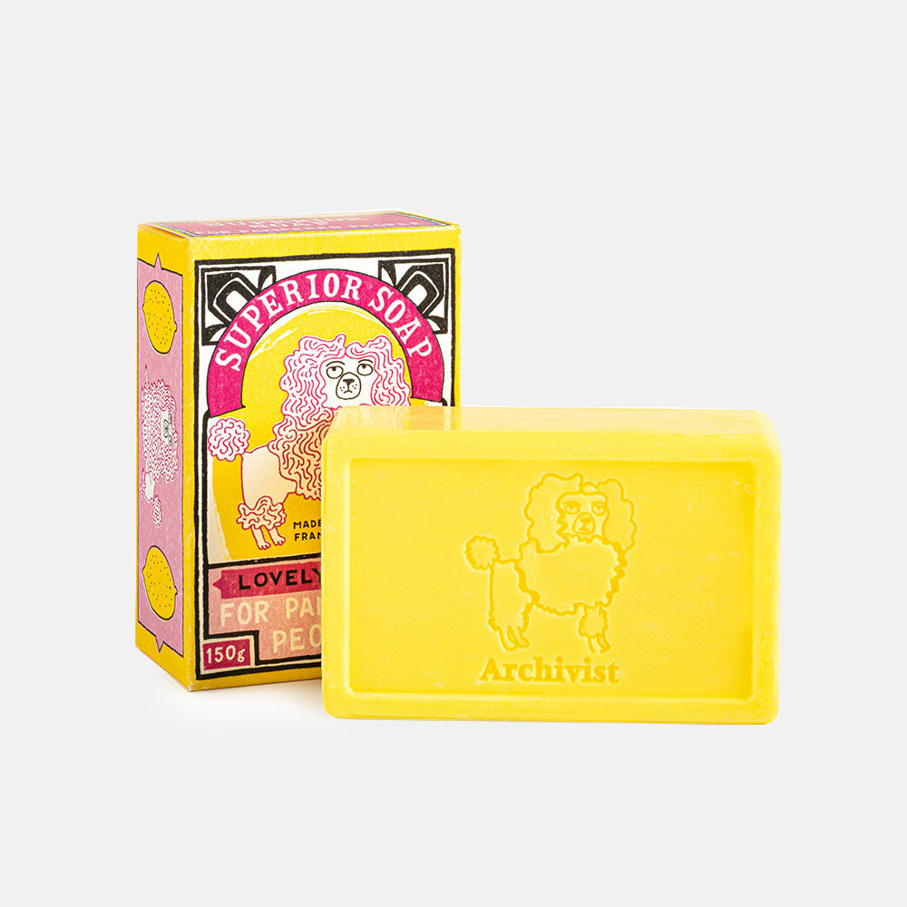 lemon scented yellow hand soap with an embossed poodle dog