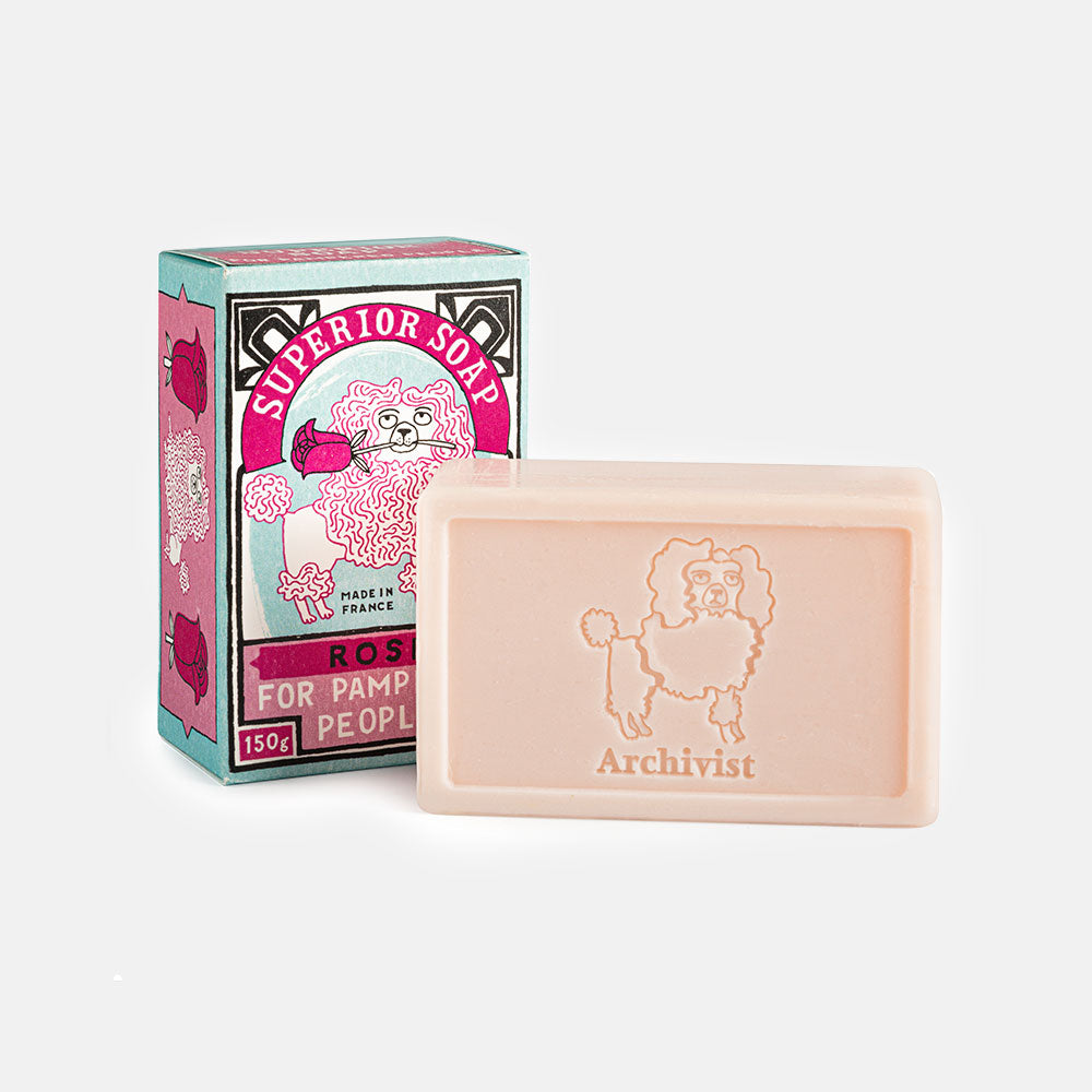 rose scented cream hand soap with an embossed poodle dog