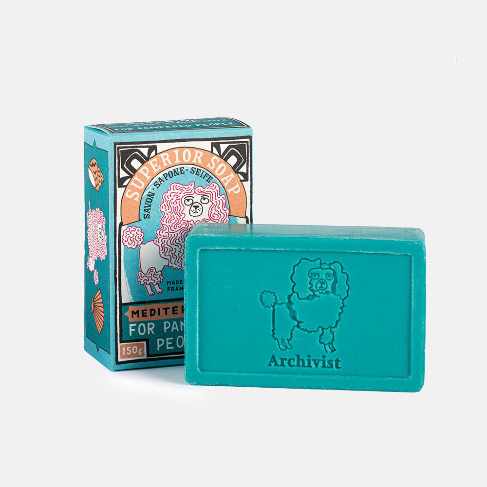 Mediterranean scented blue hand soap with an embossed poodle dog