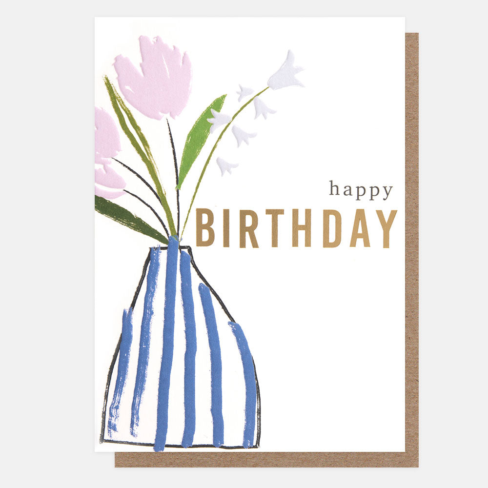 pink flowers in blue striped vase happy birthday card