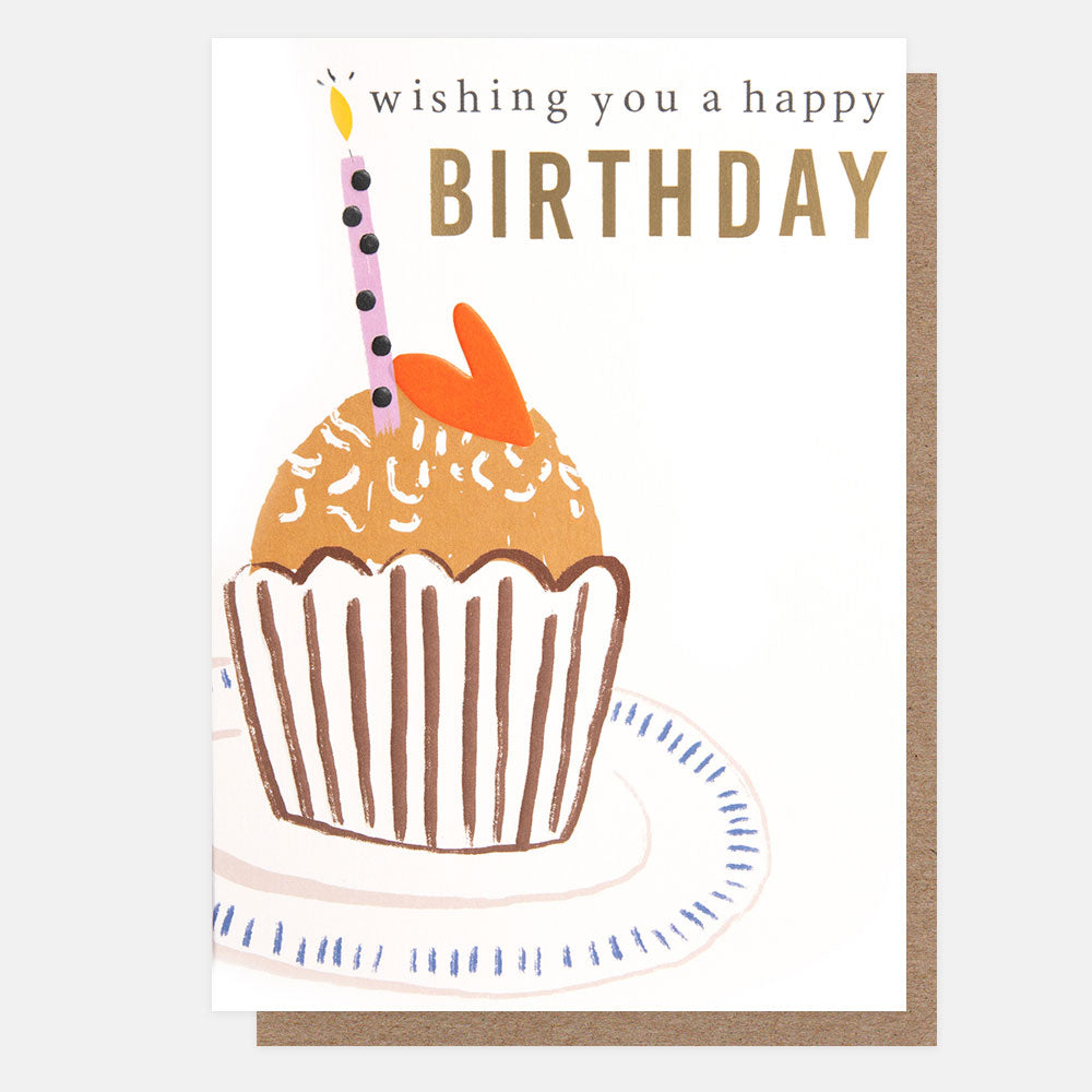 cupcake with candle & heart wishing you a happy birthday card