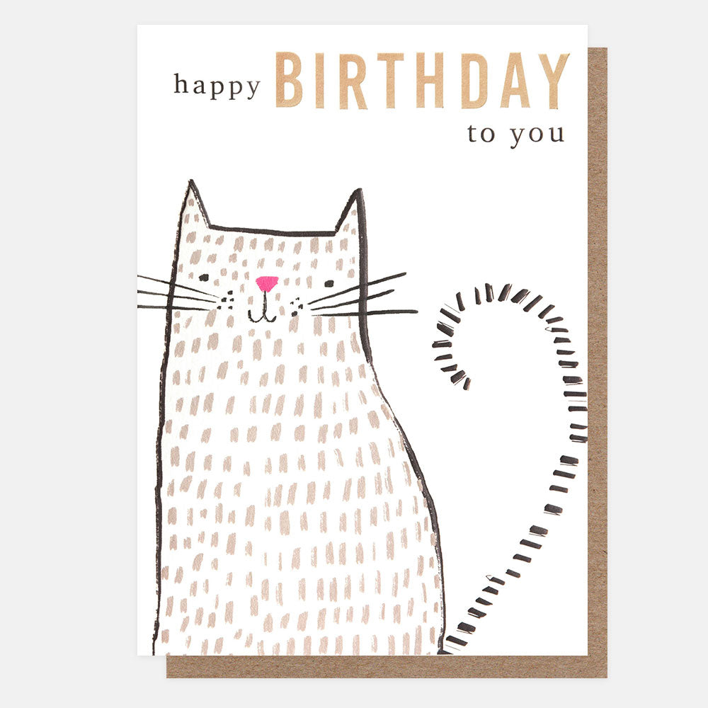 birthday card featuring a cat with brushstroke spots and a stripy ail and the words happy birthday to you
