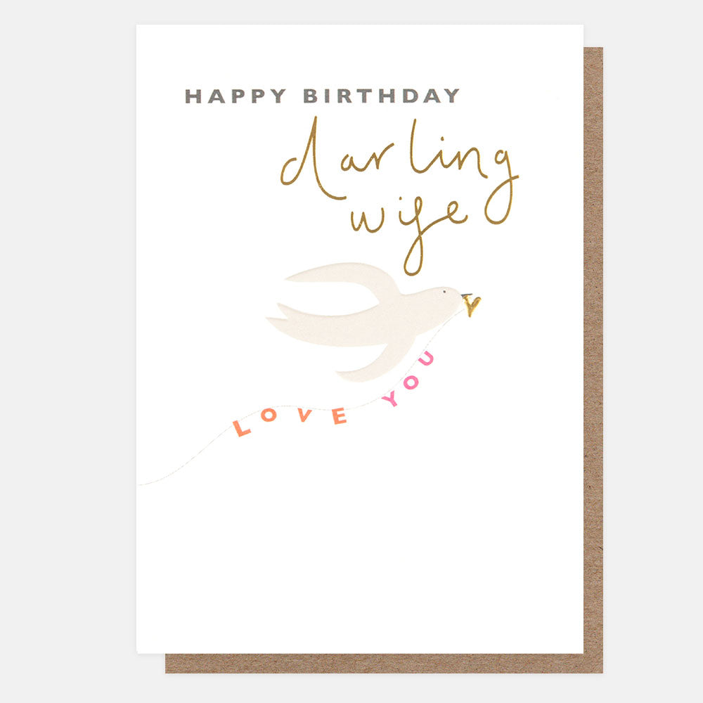 happy birthday darling wife birthday card featuring a dove with a gold heart