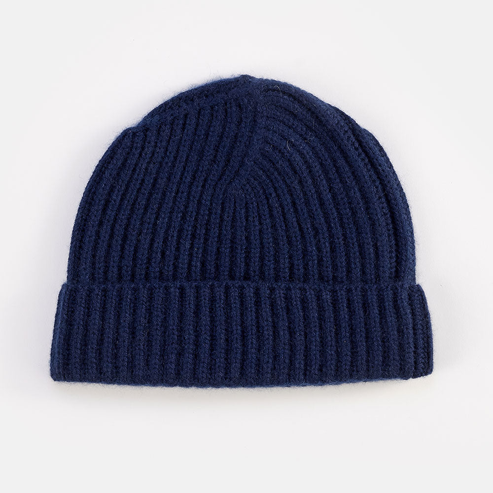 navy blue pure cashmere rib beanie hat