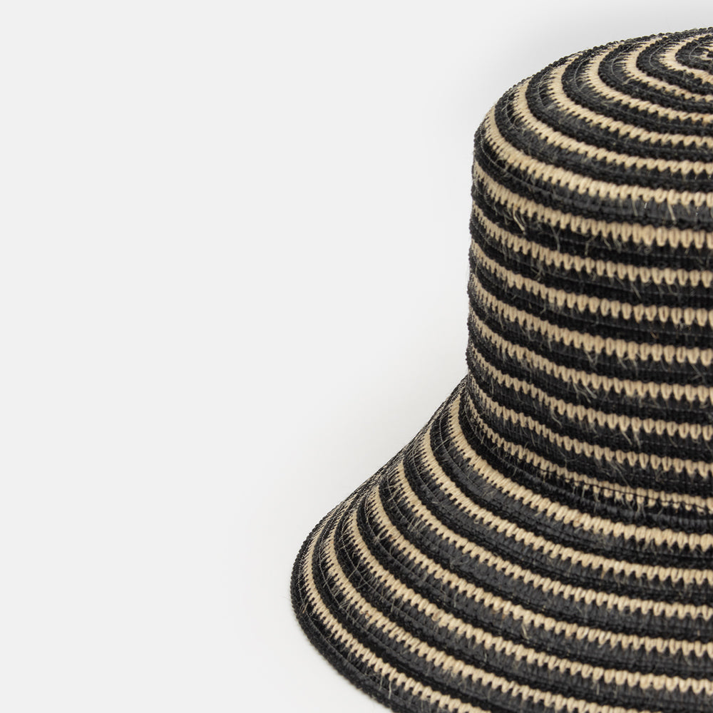 close up black and natural straw bucket hat