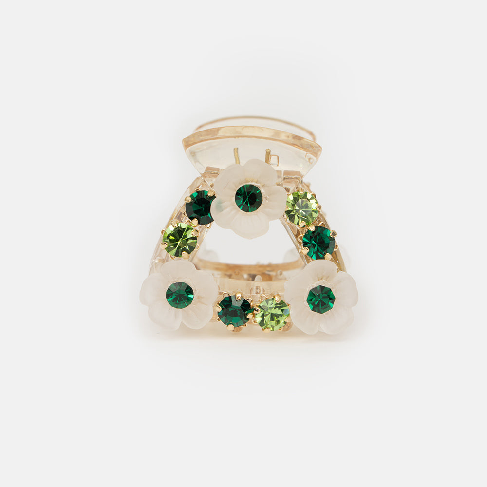 white flowers and green crystals hair grip