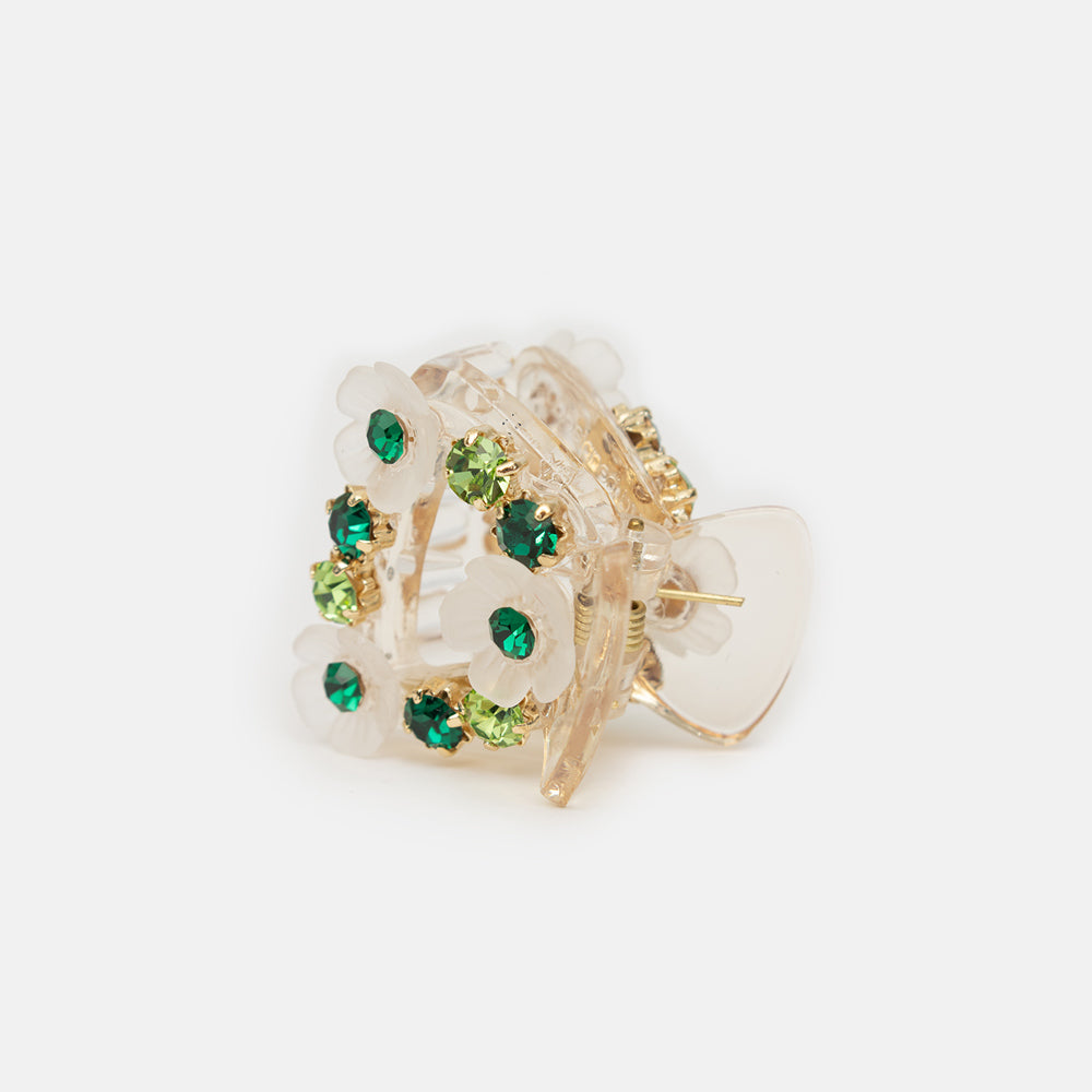 white flowers and green crystals hair grip