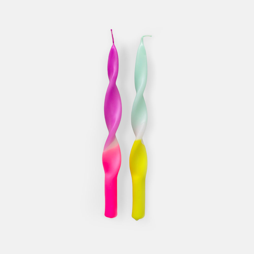 hand coloured, hand turned curly dip dyed neon candles set of two