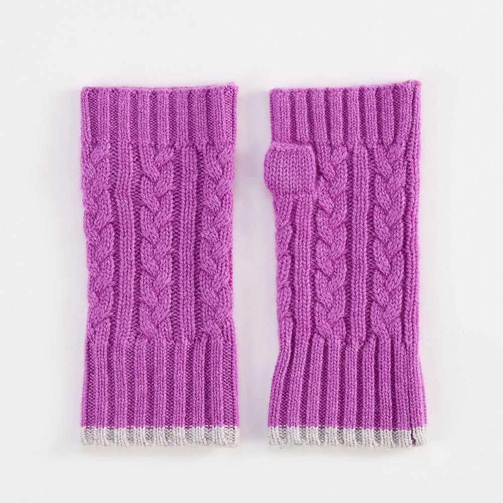 violet and grey pure cashmere cable knit wrist warmers
