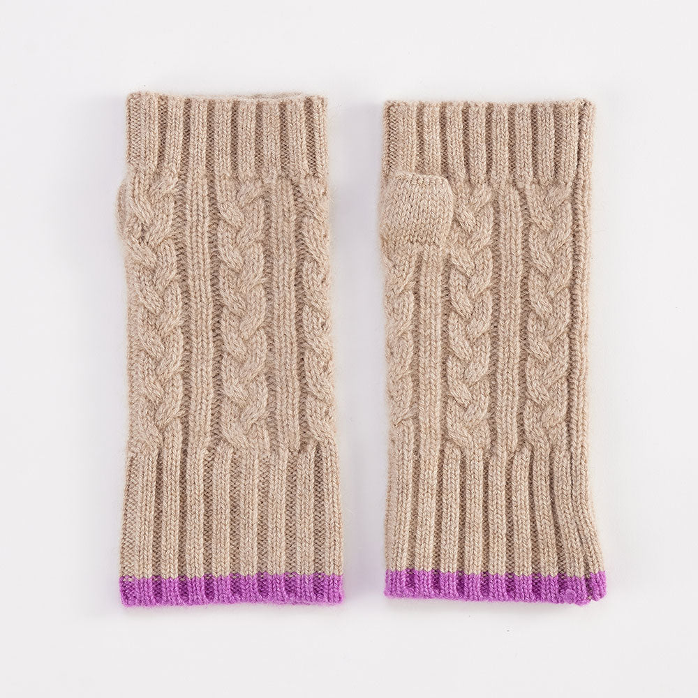 taupe and violet pure cashmere cable knit wrist warmers