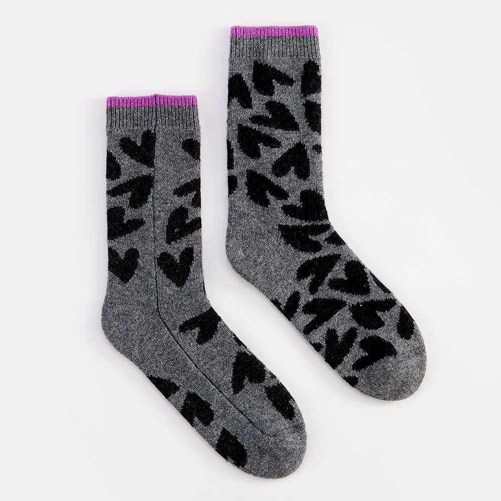 grey with black hearts pure cashmere bed socks