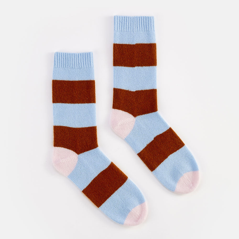 light blue and nutmeg stripe pure cashmere bed socks