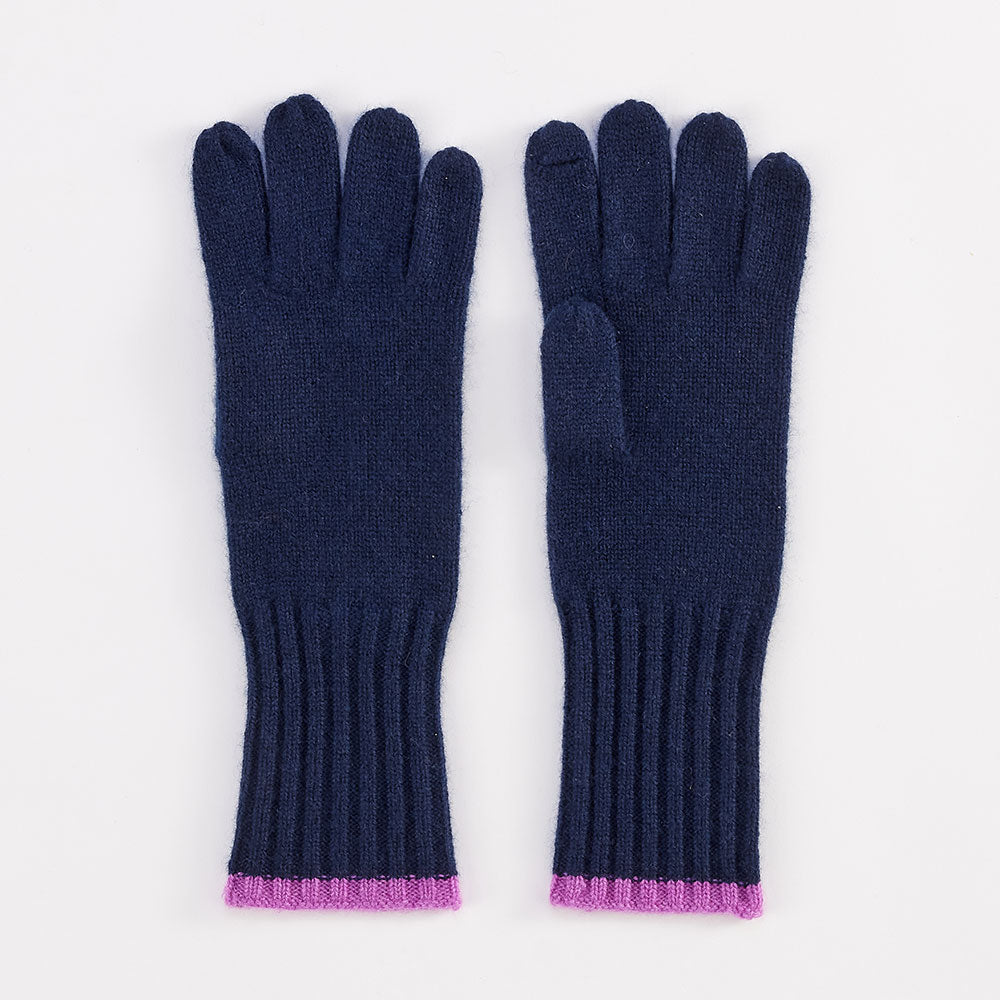 navy pure cashmere gloves with lilac trim at wrist