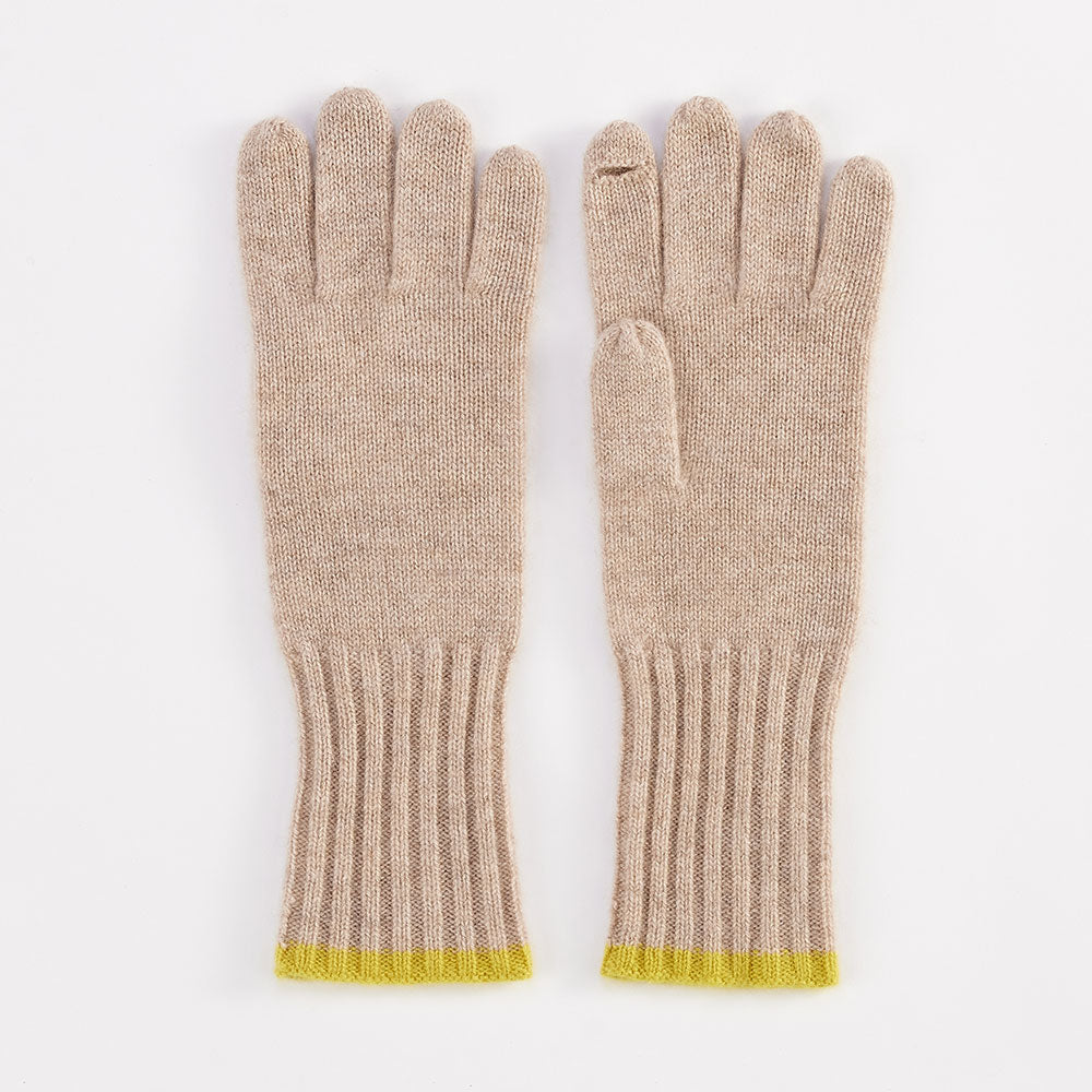 taupe pure cashmere gloves with yellow trim at the wrist