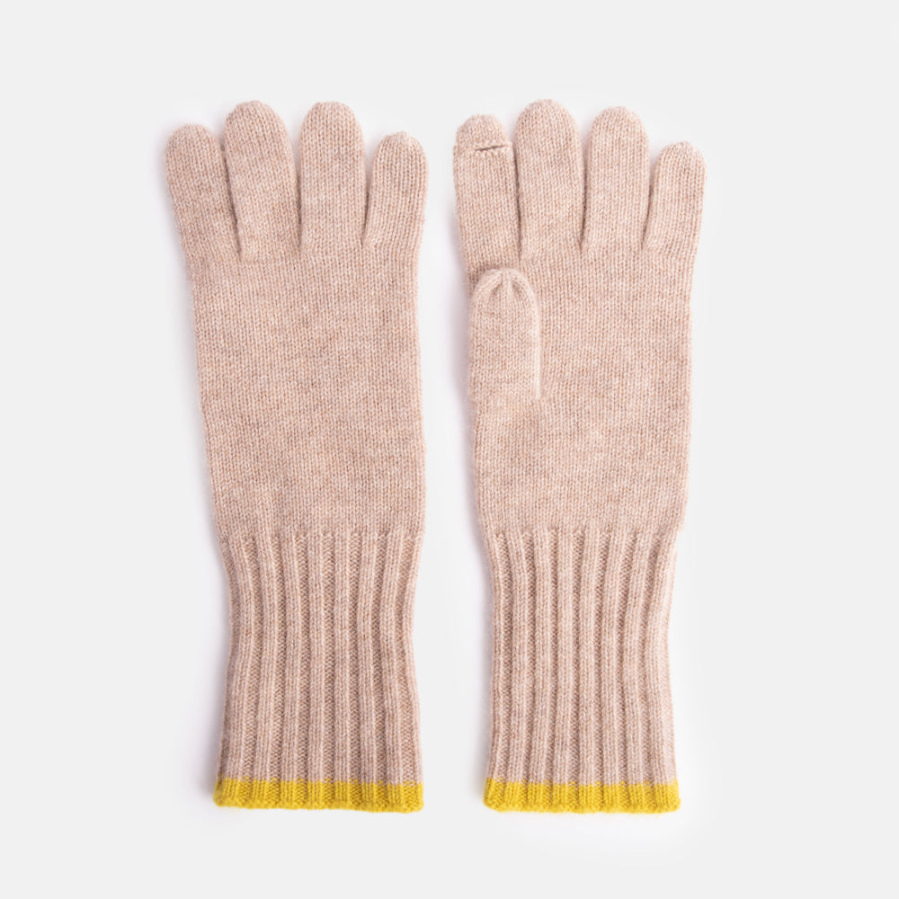 taupe pure cashmere gloves with yellow trim at the wrist