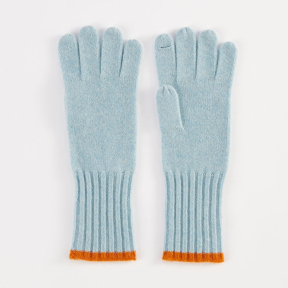 light blue pure cashmere gloves with nutmeg orange trim at the wrists