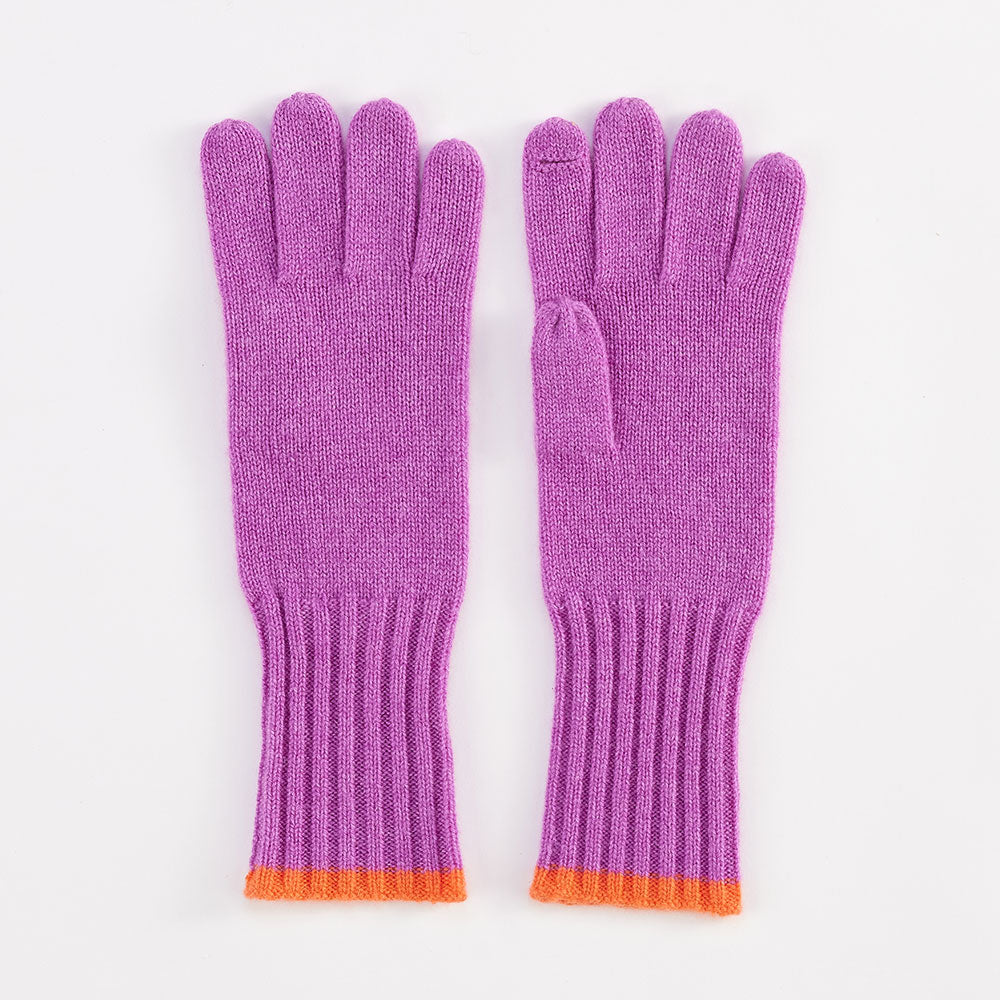 bright violet pure cashmere gloves with orange trim at the wrists