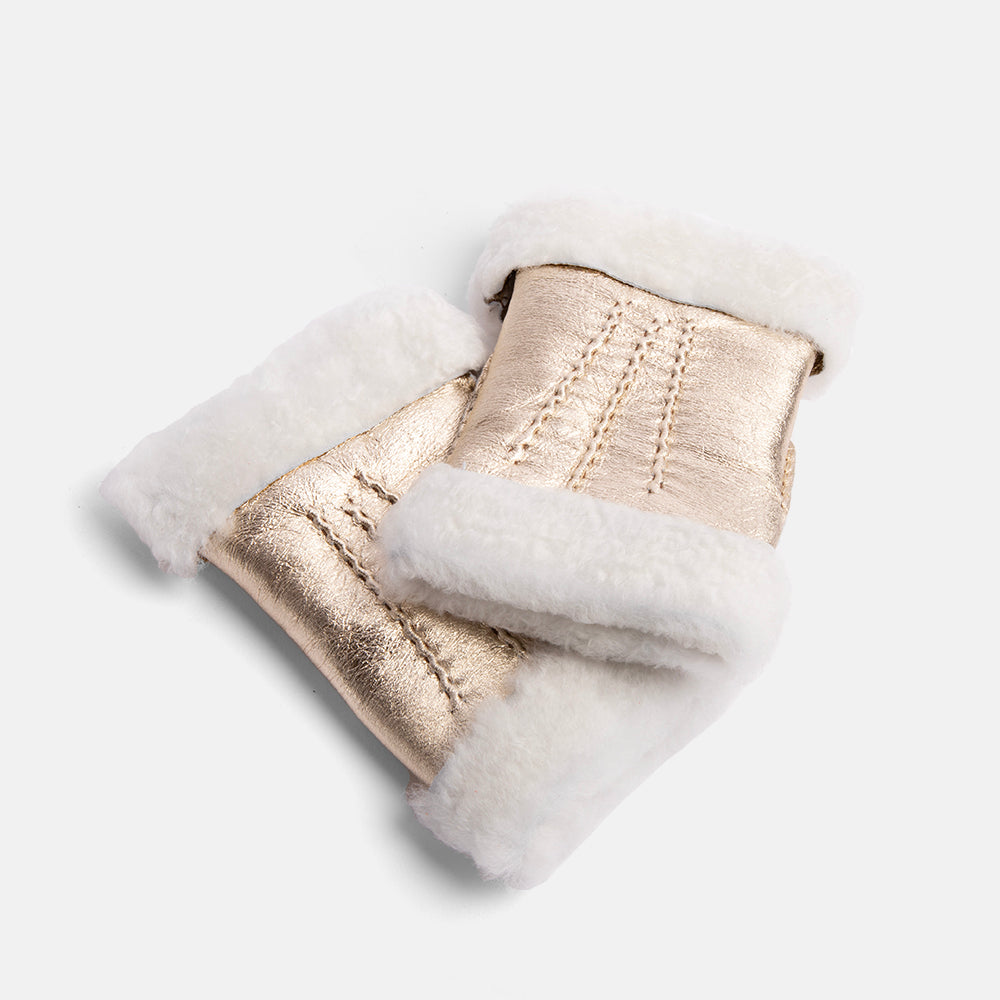 metallic gold 100% sheepskin shearling wrist warmers