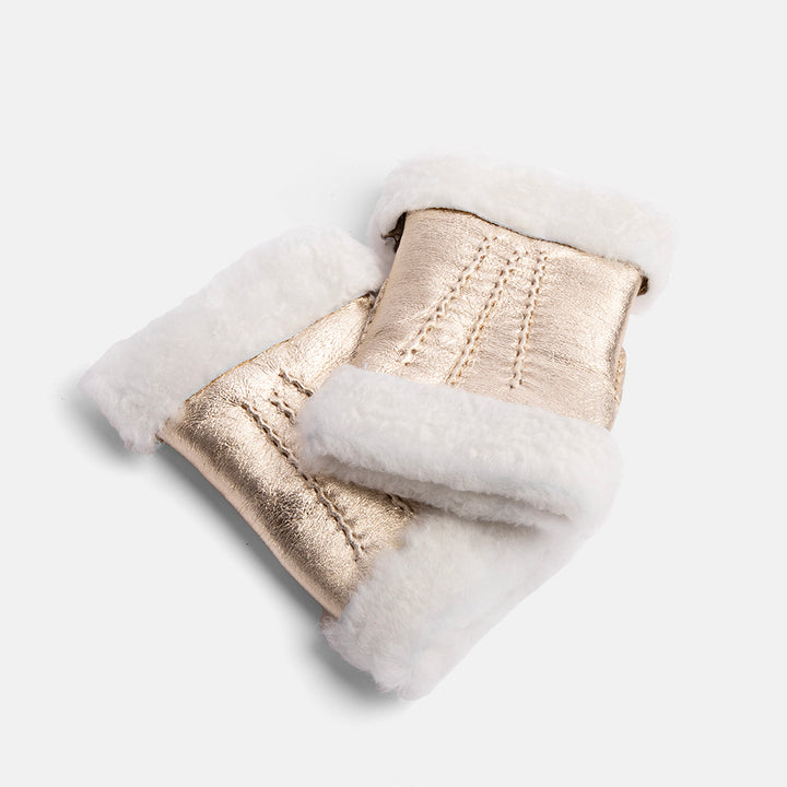 metallic gold 100% sheepskin shearling wrist warmers