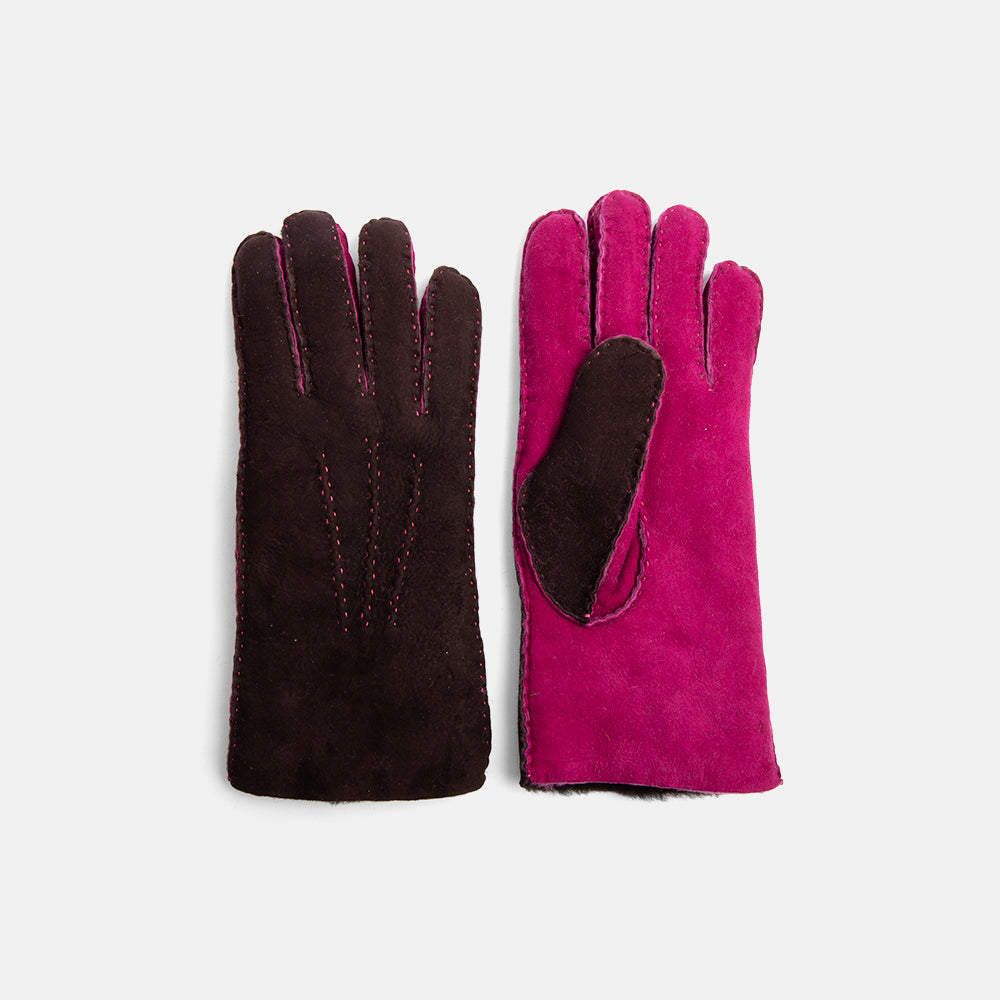 ebony brown and bright pink 100% sheepskin shearling gloves