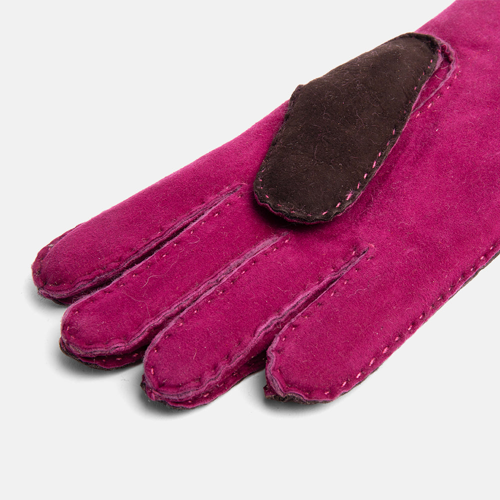 ebony brown and bright pink 100% sheepskin shearling gloves