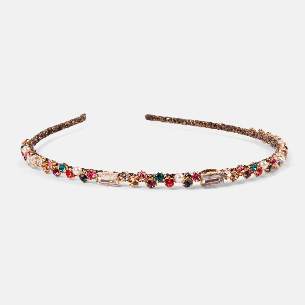 multi coloured crystals thin gold headband