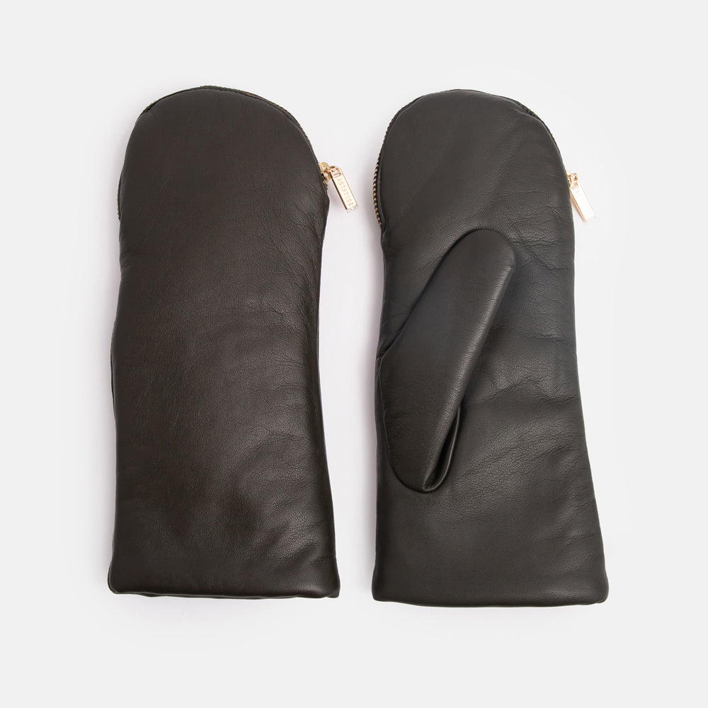 Dark Khaki Fleece Lined Leather Zip Mittens – Caroline Gardner