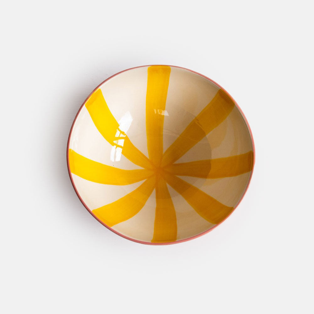 sunrise yellow & pink striped ceramic bowl, hand made in Portugal by Musango
