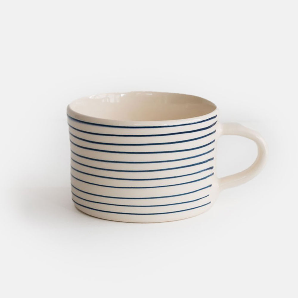 blue horizontal striped ceramic mug, hand made in Portugal by Musango