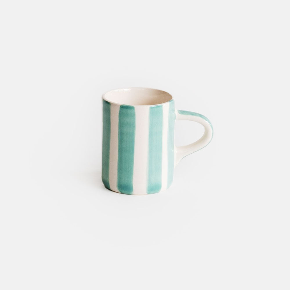 mint green candy striped ceramic espresso mug, hand made in Portugal by Musango