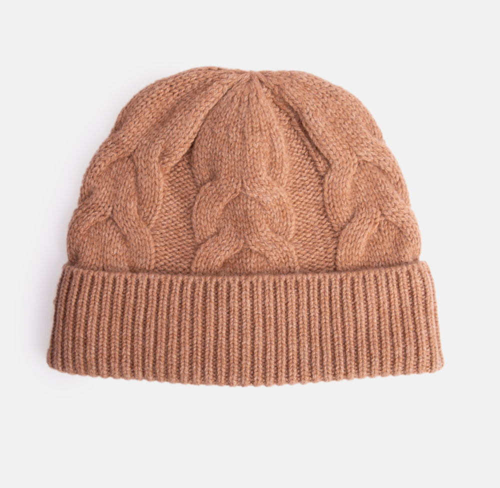 camel pure cashmere cable knit beanie hat