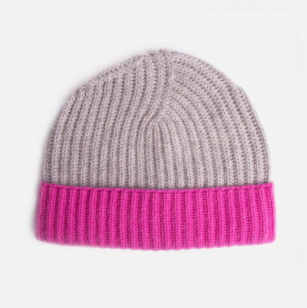 light grey & bright pink pure cashmere rib knit beanie hat