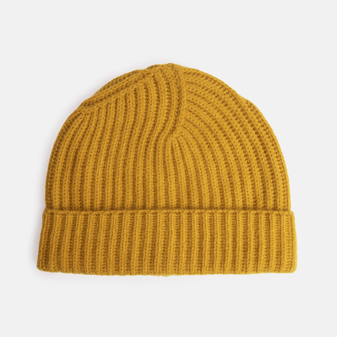 mustard yellow pure cashmere rib knit beanie hat