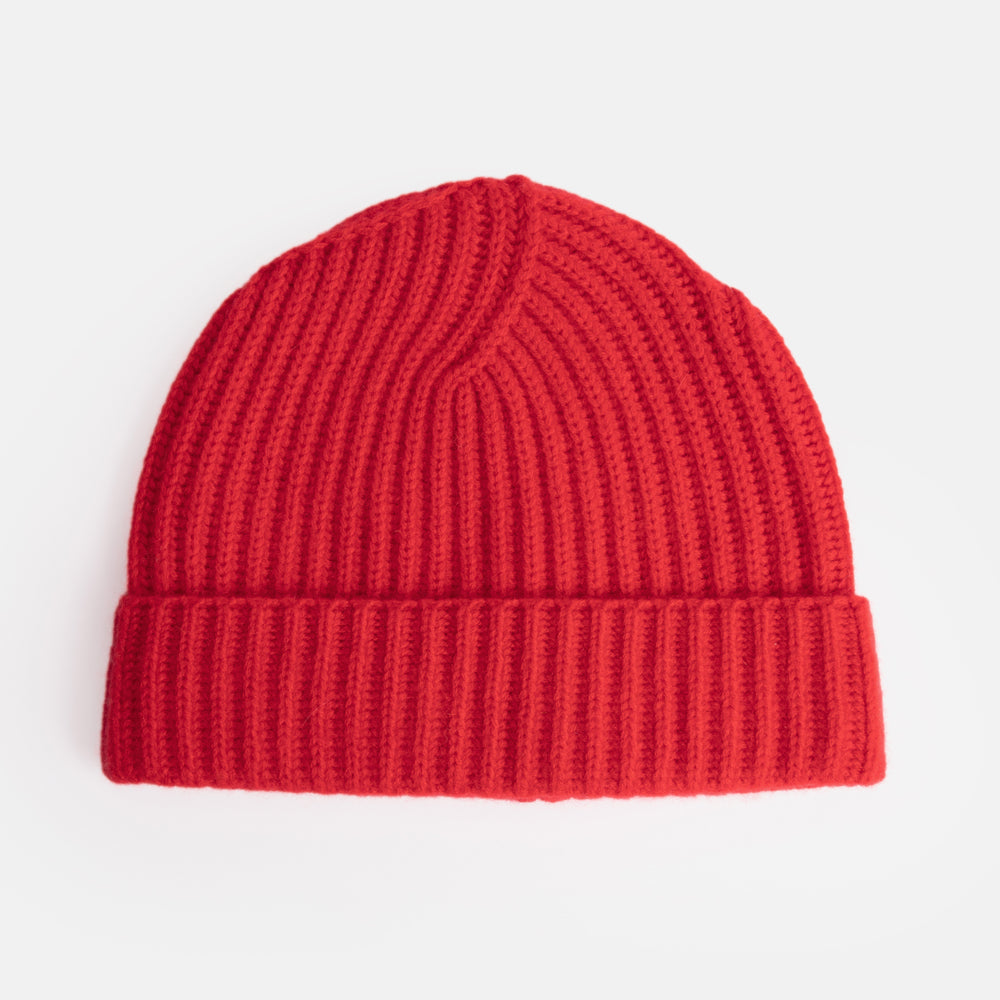 crimson red pure cashmere rib knit beanie hat