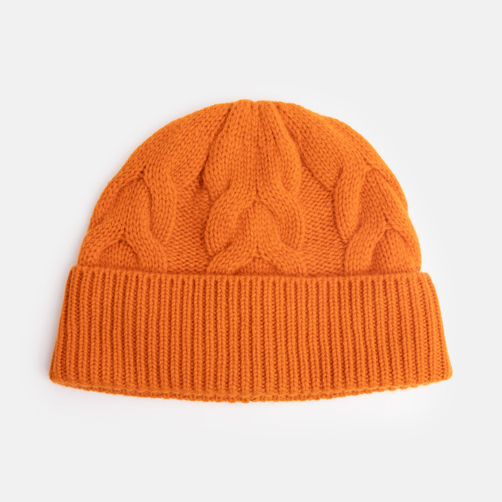 tangerine orange pure cashmere cable knit beanie hat