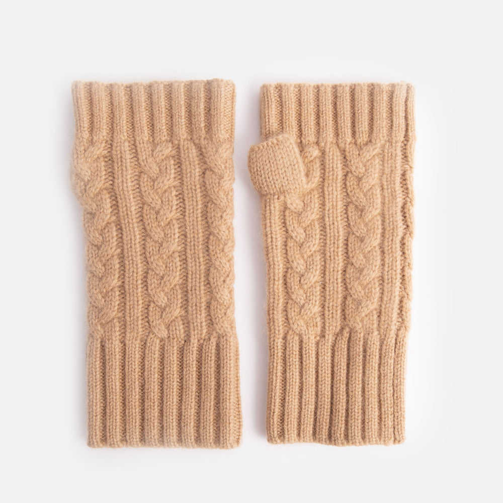 camel pure cashmere cable knit wrist warmer fingerless gloves