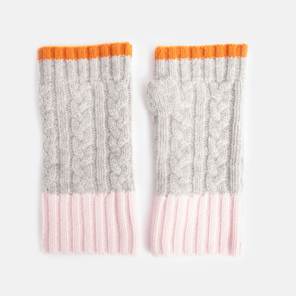light grey pure cashmere cable knit wrist warmer fingerless gloves with orange and pale pink trim