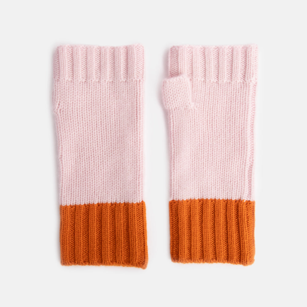 pale pink and orange pure cashmere wrist warmer fingerless gloves