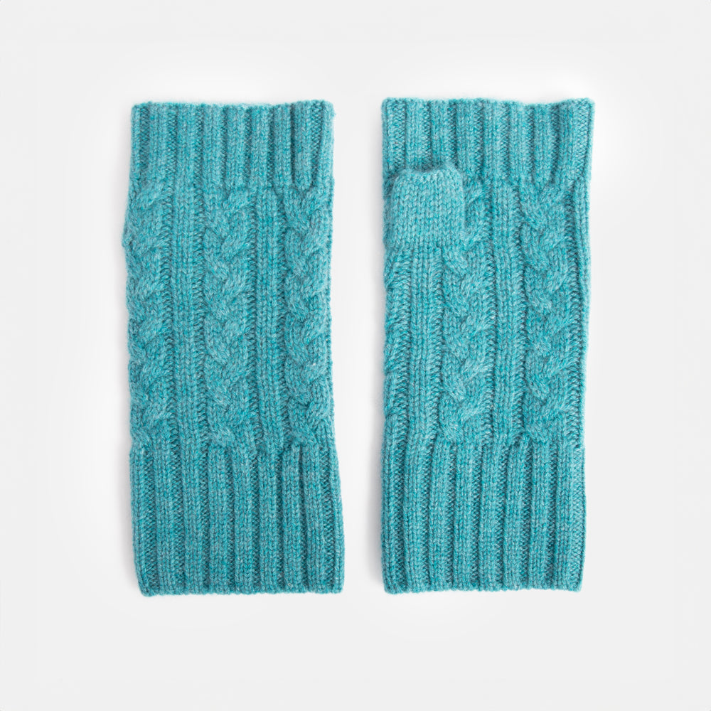 teal cable knit pure cashmere wrist warmer fingerless gloves